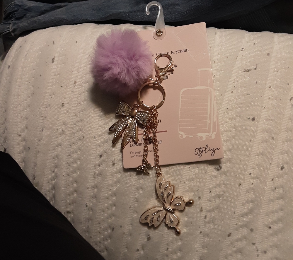 Silk And Sage Lavender Pom-Pom Keychain with Gold Butterfly and Bow Charms - Picture 9 of 9